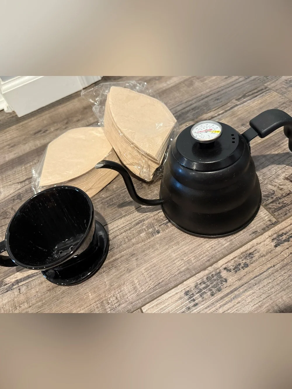 Pour Over Gooseneck Coffee Kettle with Thermometer - Black and ceramic coffee